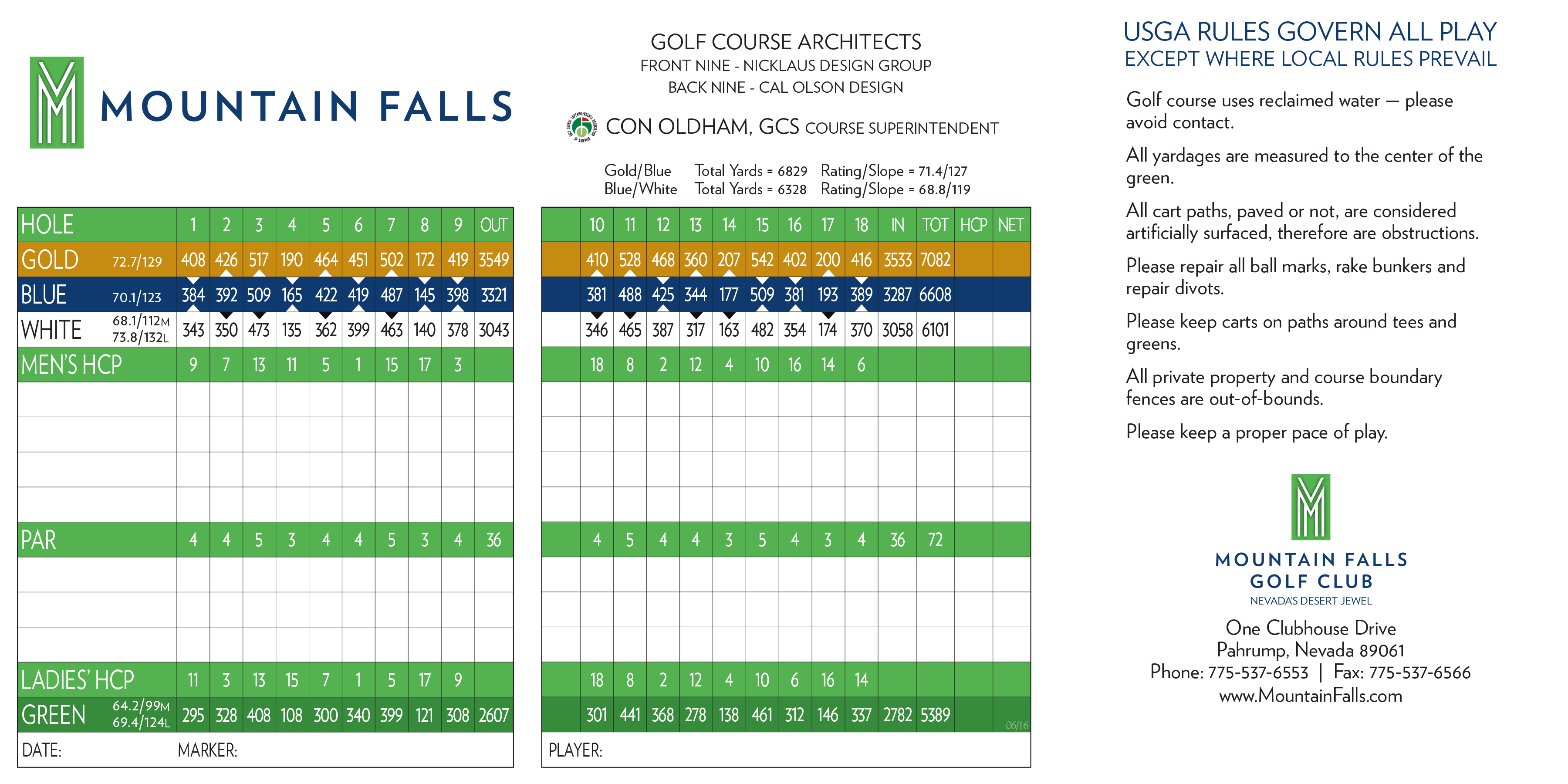 Mountain Falls Scorecard Elite Golf Management